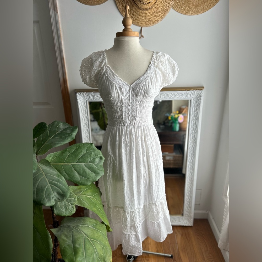RARE Vintage 90s Smocked Lace Midi Dress | Cottagecore Prairie | Romantic White